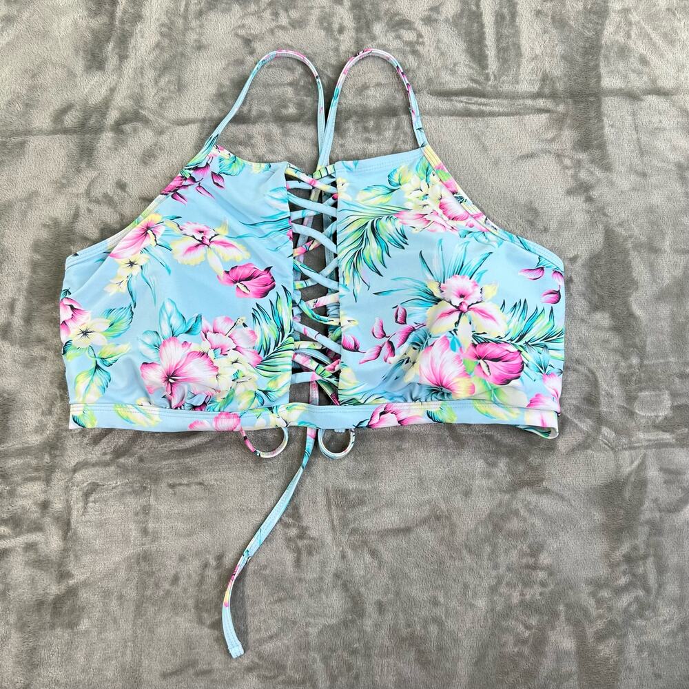Blu C Tropical Floral Bikini Top Womens Sz 2X Blue + Pink Adjustable Tie Straps